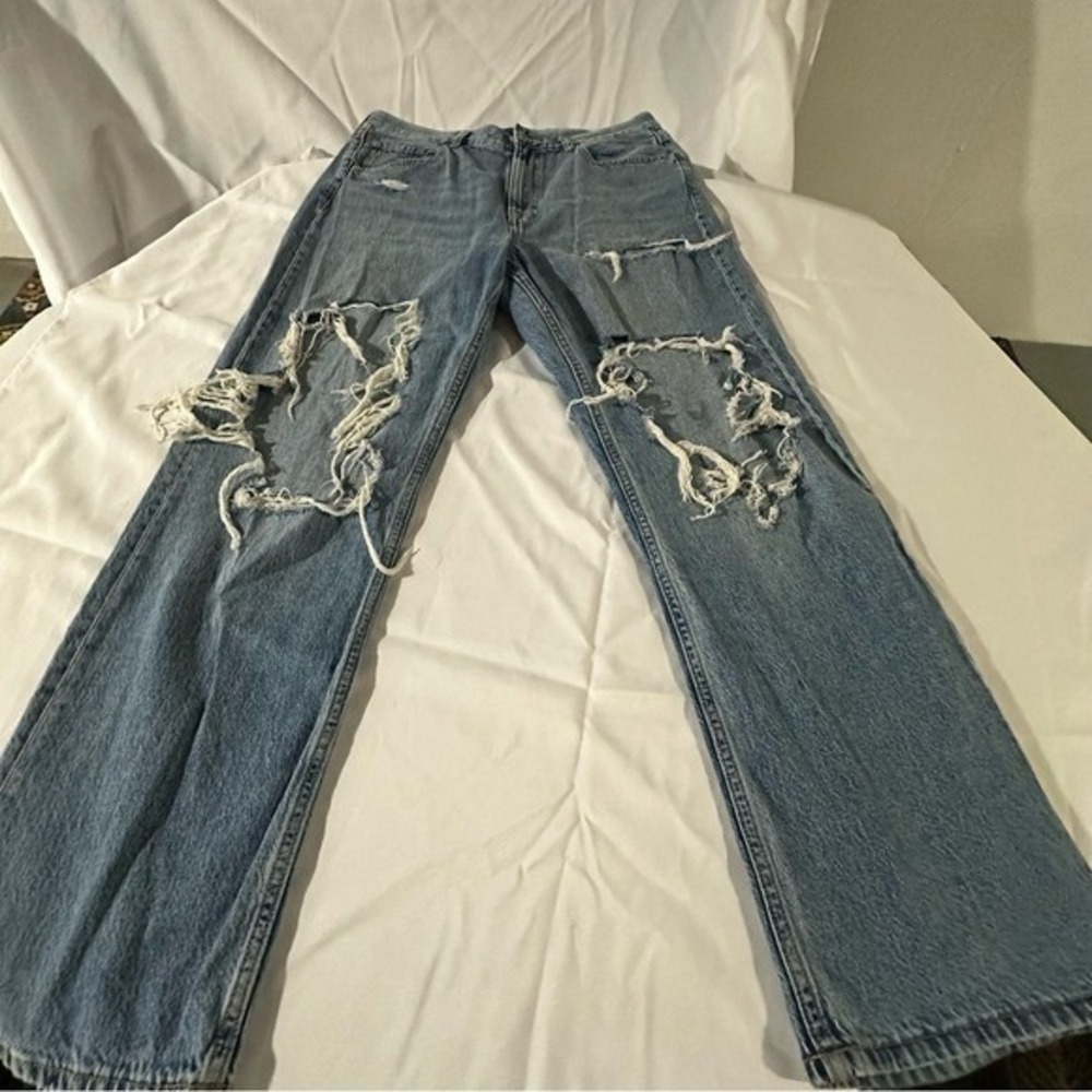 Aeropostale High Rise Baggy Distressed Jeans Blue 14 Reg 100% Cotton - Picture 13 of 14